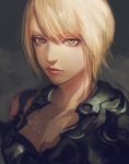  1girl armor blonde_hair breasts cleavage expressionless lips looking_at_viewer ochurucchuru original portrait solo yellow_eyes 