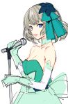  1girl blue_eyes blush breasts choker cleavage detached_sleeves dress flower gloves green_gloves hair_flower hair_ornament hair_ribbon highres idol microphone microphone_stand mole mole_under_eye ribbon short_hair silver_hair sketch solo strapless_dress tetsu_(kimuchi) upper_body 