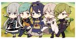  5boys blue_eyes blue_hair boots chibi green_eyes green_hair ichigo_hitofuri japanese_clothes kousetsu_samonji mea-miyu mikazuki_munechika multiple_boys one_eye_closed silver_hair smile sword tea touken_ranbu track_jacket tsurumaru_kuninaga uguisumaru walking weapon white_hair yellow_eyes 