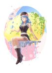  blue_hair boots breasts bubble cleavage closed_eyes fairy_tail flower flower_on_head folie_(cac82622) hat heart_bubbles highres ivy juvia_loxar plant sitting smile tattoo 