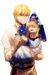  1boy 1girl azusa_(sarie303030) blonde_hair carrying child fate/stay_night fate_(series) flower gilgamesh hat highres jisue10 red_eyes saber short_hair smile time_paradox traditional_clothes veil younger 