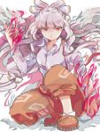  1girl bow fire fujiwara_no_mokou hair_bow hair_ribbon long_hair looking_at_viewer pants pyrokinesis red_eyes ribbon silver_hair solo suspenders tegaki touhou very_long_hair 