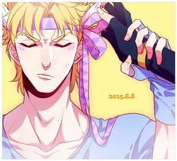  1boy blonde_hair caesar_anthonio_zeppeli facial_mark feathers hair_feathers hair_ribbon headband jojo_no_kimyou_na_bouken lowres rena_(renasight) ribbon solo solo_focus 