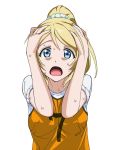  1girl a1 ayase_eli blonde_hair blue_eyes hands_on_own_head love_live!_school_idol_project open_mouth ponytail simple_background solo surprised sweat white_background 