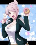  1girl ;d alternate_color asahina_aoi breasts cleavage dangan_ronpa dangan_ronpa_1 doughnut fingernails food hair_ornament hairclip jacket long_hair nanami_chiaki omagu one_eye_closed open_clothes open_jacket open_mouth pink_eyes pink_hair player_2 ponytail smile solo track_jacket 