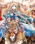 1girl armor blonde_hair blue_eyes highres horse long_hair madogawa official_art riding solo sword weapon 