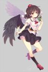  1girl black_hair book hat looking_at_viewer minamura_haruki quill red_eyes shameimaru_aya short_hair smile solo tokin_hat touhou wings 