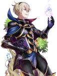  1boy armor blonde_hair book cape fire_emblem fire_emblem_if gauntlets gloves leaf leon_(fire_emblem_if) magic mikami open_mouth simple_background solo tree violet_eyes white_background 