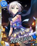  1girl anastasia_(idolmaster) artist_request black_gloves black_legwear blue_eyes cape card_(medium) character_name crescent diamond_(symbol) earrings flower gloves hair_flower hair_ornament idolmaster idolmaster_cinderella_girls jewelry official_art petals short_hair silver_hair thigh-highs 