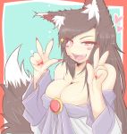  1girl absurdres animal_ears blush blush_stickers breasts cleavage cube85 double_v fang heart highres imaizumi_kagerou large_breasts long_hair red_eyes smile sparkle tail touhou v wolf_ears wolf_tail 