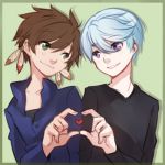  2boys blue_hair brown_hair feathers green_eyes heart heart_hands heart_hands_duo lowres male_focus mikleo_(tales) multiple_boys smile sorey_(tales) tales_of_(series) tales_of_zestiria tusia violet_eyes yaoi 