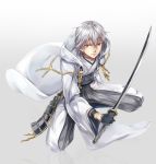  1boy armor hood japanese_armor katana kusazuri silver_hair solo sword touken_ranbu tsurumaru_kuninaga weapon white_hair yellow_eyes zaphylla 
