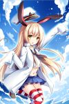  admiral_(kantai_collection)_(cosplay) animal_ears blonde_hair hat hetuluoshu kantai_collection long_hair midriff open_mouth rabbit_ears shimakaze_(kantai_collection) skirt sky striped striped_legwear thigh-highs very_long_sleeves water yellow_eyes 