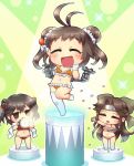  3girls :d alternate_costume bikini blush brown_hair chibi closed_eyes double_bun forehead_protector gloves hair_ornament headband jintsuu_(kantai_collection) kantai_collection long_hair multiple_girls naka_(kantai_collection) navel open_mouth petals remodel_(kantai_collection) sankuma scarf sendai_(kantai_collection) short_hair single_thighhigh smile spotlight swimsuit thigh-highs two_side_up white_gloves white_legwear 