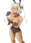  blush breasts bunnysuit cleavage collar crossed_arms dark_skin fingerless_gloves fishnets glasses gloves headgear kantai_collection looking_at_viewer musashi_(kantai_collection) red_eyes two_side_up vent_arbre white_hair wrist_cuffs 