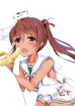  1girl admiral_(kantai_collection) banana bare_shoulders brown_eyes brown_hair dark_skin dress food fruit hand_on_another&#039;s_head headgear henet_hene kantai_collection libeccio_(kantai_collection) open_mouth saliva saliva_trail sexually_suggestive simple_background tears twintails white_background white_dress 