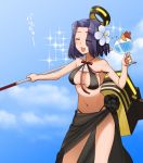 1girl bikini blush closed_eyes commentary_request drink drinking_glass drinking_straw flower glaive hair_flower hair_ornament jpeg_artifacts kantai_collection mechanical_halo open_mouth purple_hair short_hair smile solo swimsuit tatsuta_(kantai_collection) translation_request tsurusaki_yuu 