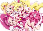  3girls :d blonde_hair blue_eyes blush boo_(takagi) bow choker color_connection cure_blossom cure_flora cure_peach dutch_angle earrings flower_earrings fresh_precure! gloves go!_princess_precure hair_bow hair_ornament hanasaki_tsubomi haruno_haruka heart heart_earrings heart_hair_ornament heart_hands heartcatch_precure! jewelry long_hair magical_girl momozono_love multicolored_hair multiple_girls open_mouth pink_bow pink_eyes pink_hair pink_skirt ponytail precure skirt smile streaked_hair twintails two-tone_hair white_gloves wrist_cuffs 