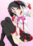  1girl \m/ arsenal black_hair black_legwear blush boots bow cross-laced_footwear earrings fingerless_gloves floral_background frills gloves hair_ribbon highres jewelry long_hair looking_at_viewer love_live!_school_idol_project red_eyes ribbon skirt smile solo thigh-highs twintails yazawa_nico 