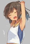  1girl absurdres armpits arms_up bare_shoulders blush brown_hair closed_eyes dark_skin grey_background high_ponytail highres i-401_(kantai_collection) kantai_collection open_mouth ponytail ruma_imaginary sailor_collar school_swimsuit simple_background smile solo swimsuit swimsuit_under_clothes upper_body 