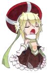  1girl absurdres beret blonde_hair clione closed_eyes cototiworld frills gloves hat highres marker_(medium) navel open_mouth simple_background singing skirt traditional_media yumekui_merry 