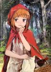  1girl basket brown_eyes brown_hair cape hand_on_own_chin hood little_red_riding_hood little_red_riding_hood_(grimm) open_mouth rhodomina smile solo tree wine_bottle 