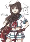  1girl braid brown_eyes brown_hair cap cape kantai_collection kiso_(kantai_collection) kiso_(kantai_collection)_(cosplay) kitakami_(kantai_collection) long_hair lowres midriff navel nekoyanagi_reo skirt smile solo sword translation_request twitter_username weapon 