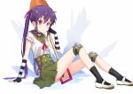  1girl arm_support choker ebisuzawa_kurumi fingerless_gloves gakkou_gurashi! gloves kenkaizar knee_pads long_hair looking_at_viewer purple_hair school_uniform shovel sitting skirt solo twintails violet_eyes worktool 