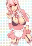  1girl alternate_costume bra breasts center_opening cleavage enmaided food frills garter_straps headphones large_breasts long_hair looking_at_viewer macaron maid maid_headdress nitroplus obybuss open_mouth pastry pink_hair red_eyes skirt smile solo super_sonico thigh-highs underwear 