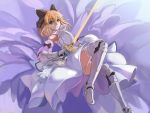 1girl :3 ahoge armor armored_dress bare_shoulders blonde_hair bow detached_sleeves dress excalibur fate/unlimited_codes fate_(series) gauntlets green_eyes hair_bow hair_ribbon lily_(floewr) long_hair ponytail ribbon saber saber_lily solo sword weapon zanjuan 
