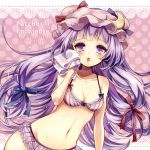  1girl bikini breasts crescent_hair_ornament hair_ornament hat long_hair open_mouth patchouli_knowledge purple_hair solo swimsuit touhou ukita_uuko violet_eyes 