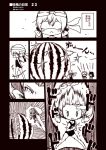  3girls ahoge blindfold bow comic diving_mask diving_mask_on_head fairy_(kantai_collection) food fruit hair_bow kantai_collection kouji_(campus_life) minigirl monochrome multiple_girls school_swimsuit swimsuit translation_request twintails watermelon 