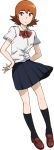  1girl black_legwear black_skirt brown_eyes brown_shoes digimon digimon_adventure digimon_adventure_tri hands_on_hips kneehighs mary_janes official_art orange_hair red_bowtie school_uniform shirt shoes short_hair simple_background skirt solo takenouchi_sora uki_atsuya white_shirt 