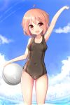  1girl :d absurdres ahoge arm_up armpits ball bare_shoulders beachball black_swimsuit blue_sky brown_hair covered_navel hair_ornament hairclip hanami_dango_(zzldango) highres ikazuchi_(kantai_collection) kantai_collection looking_at_viewer one-piece_swimsuit open_mouth short_hair sky smile solo swimsuit wading 