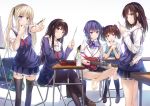  5girls :d barefoot black_hair black_legwear blonde_hair blue_eyes blue_hair blush bottle brown_eyes brown_hair cellphone computer guitar hairband hashima_izumi hyoudou_michiru instrument kasumigaoka_utaha katou_megumi kneehighs laptop loafers long_hair looking_at_viewer multiple_girls open_mouth pantyhose pencil phone pleated_skirt ribbon saenai_heroine_no_sodatekata sawamura_spencer_eriri school_uniform serafuku shoes short_hair sitting skirt smartphone smile thigh-highs twintails vest violet_eyes water_bottle wingheart 