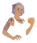  1girl black_eyes blue_hair breasts cleavage closed_mouth dark_skin female food fruit hairband hand_on_hip holding holding_fruit looking_at_viewer mushisotisis nojiko one_piece orange short_hair simple_background sleeveless smile solo tattoo upper_body white_background 