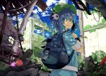  1girl backpack bag blue_eyes blue_hair building hat irue kawashiro_nitori key lens_flare moss overgrown ruins short_hair skirt smile solo touhou twintails two_side_up 