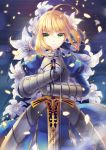  1girl ahoge armor armored_dress blonde_hair caliburn dress fate/stay_night fate_(series) flower gauntlets green_eyes hair_ribbon highres lily_(flower) planted_sword planted_weapon ribbon saber solo sword weapon zenyu 