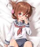  black_legwear blush brown_eyes brown_hair folded_ponytail hair_ornament inazuma_(kantai_collection) kantai_collection legs_up long_hair long_sleeves lying mushi_gyouza on_back one_eye_closed open_mouth out-of-frame_censoring school_uniform serafuku skirt socks sweat 