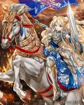  1girl armor blonde_hair blue_eyes breasts highres horse long_hair madogawa official_art riding solo sword weapon 