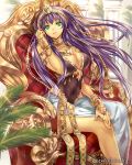  1girl breasts green_eyes highres jewelry long_hair looking_at_viewer madogawa official_art purple_hair sitting solo throne 
