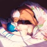  2boys archer bed blanket blue_hair dark_skin fate/stay_night fate_(series) lancer long_hair mochaabx multiple_boys nude white_hair yaoi 