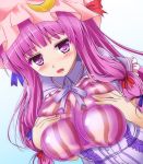  1girl blue_bow blue_ribbon blush bow breast_suppress breasts crescent crescent_hair_ornament hair_ornament hair_ribbon hat hat_ribbon honda_takaharu large_breasts long_hair open_mouth patchouli_knowledge purple_hair red_bow red_ribbon ribbon solo touhou violet_eyes white_background 
