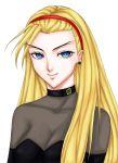  1girl absurdres alternate_costume black_dress blonde_hair blue_eyes breasts choker cleavage dorothy_catalonia dress earrings elbow_gloves eyebrows forked_eyebrows gem gloves gundam gundam_wing hairband highres jewelry kthovhinao_virmi long_hair portrait see-through smile solo 