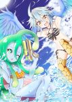  2girls :d ahoge armpits arms_up bikini blue_hair blue_skin blue_wings breasts cleavage feathered_wings goo_girl green_eyes green_hair harpy highres innertube monster_girl monster_musume_no_iru_nichijou multiple_girls navel one_eye_closed open_mouth orange_eyes out_of_character papi_(monster_musume) polka_dot polka_dot_bikini polka_dot_swimsuit side-tie_bikini smile striped striped_bikini striped_swimsuit super_soaker suu_(monster_musume) swimsuit sylphine trigger_discipline water weapon wings 