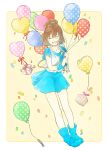  1girl :d arle_nadja balloon blue_shoes blue_skirt blush brown_hair closed_eyes full_body gift half_updo happy_birthday heart_balloon lirio_(nikori9) open_mouth puyopuyo shoes short_hair short_sleeves skirt smile striped 