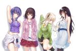  4girls black_eyes black_hair black_legwear blonde_hair blue_eyes blue_hair blush brown_hair cardigan clothes_around_waist collarbone dress hairband hyoudou_michiru kasumigaoka_utaha katou_megumi long_hair looking_at_viewer multiple_girls navel necktie pantyhose saenai_heroine_no_sodatekata sawamura_spencer_eriri short_hair smirk solo thigh-highs twintails white_dress wingheart 