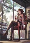  1girl ahoge bare_shoulders brown_hair crossed_legs cup detached_sleeves from_below gou_(ga673899) hairband high_heels indoors japanese_clothes kantai_collection kongou_(kantai_collection) long_hair nontraditional_miko revision sitting smile solo teacup thigh-highs tiered_tray watermark window 