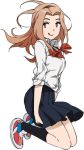  1girl black_legwear black_skirt digimon digimon_adventure digimon_adventure_tri hairband light_brown_hair long_hair long_sleeves lowres official_art red_bowtie red_shoes school_uniform shirt shoes simple_background skirt sleeves_rolled_up smile sneakers solo tachikawa_mimi tongue tongue_out uki_atsuya white_shirt yellow_eyes 