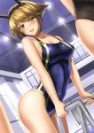  blush breasts brown_eyes brown_hair cleavage competition_swimsuit half-closed_eyes headgear indoors kantai_collection leaning_forward looking_at_viewer mutsu_(kantai_collection) one-piece_swimsuit open_mouth shibata_rai swimsuit thighs water wet 